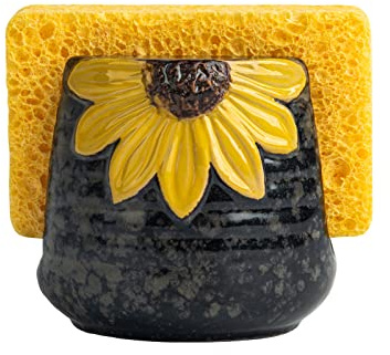 GABROC Yellow Sunflower Sponge Holder - Ceramic Kitchen Sink Caddy & Organizer