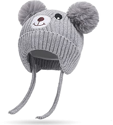 Kleinkind Süß Bär Wintermütze mit Ohrenklappen Baby Mädchen Junge Chenille Strickmütze Kinder Pom Beanie mit Bindebändern Ohrenschützer Hut Baby Verdicken Warme Plüsh Gefüttert Mütze 0-5 Jahre