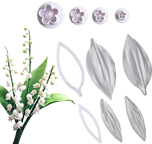 Yordanka 10set Lily of the Valley Leaves Silicone Mold and Petals Cutter Fondant Mould Cake Decorating Tool Stainless Steel Flower Cutter Gumpaste Tools for Chocolate Gumpaste Mold, Kitchenware