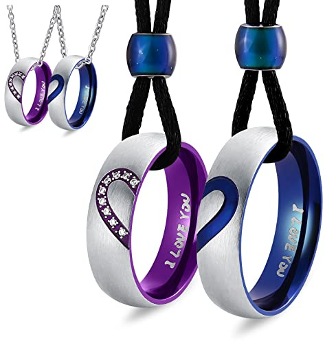 Whoiy Pärchen Kette mit Herz, Halskette Männer Damen Kette Edelstahl änhänger Blau Lila 6mm Zirkonia Ring mit Gravur Pärchen Geschenke