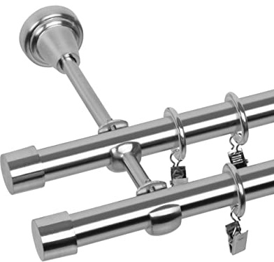 RENA Gardinenstange 2-läufig 200 cm - Loft Modern - 19 mm Metall Vorhangstange für stilvolle Wohnräume - Komplettset mit lautlosen Rollen - Edestahl Optik Luna