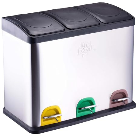 Dirt Devil Tretmülleimer 3 x 15L - Mülltrennsystem mit 3 Fächer - Abfalleimer Küche - Mülleimer mit Soft Close Deckel - 59 x 30 x 47.5 CM - Treteimer aus Edelstahl - Silber