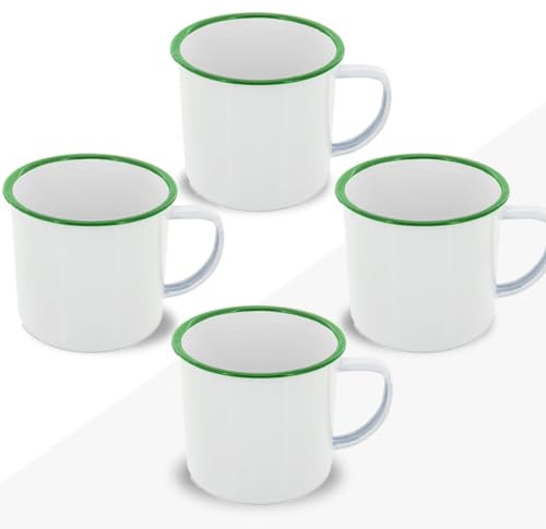 FUN FAN LINE Ensemble de 4 tasses en métal émaillé rétro - Bordure Vert | Ensemble de tasses de petit-déjeuner vintage de 380 ml - pour café, thé ou chocolat - kit de tasses cadeaux