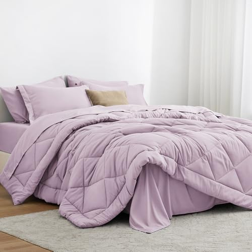 Love's cabin Twin Comforter Set Light Purple, 5 Pieces Twin Bed in a Bag, All Season Bedding Sets with 1 Comforter, 1 Flat Sheet, 1 Fitted Sheet, 1 Pillowcase and 1 Pillow Sham