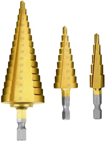 3-teiliges Stufenbohrer-Set, HSS-Stufenbohrer-Set (4–12 mm, 4–20 mm und 4–32 mm), Hochgeschwindigkeitsstahl mit Titanbeschichtung, Kegelbohrer, Lochschneider for Holz, Edelstahl, Blech