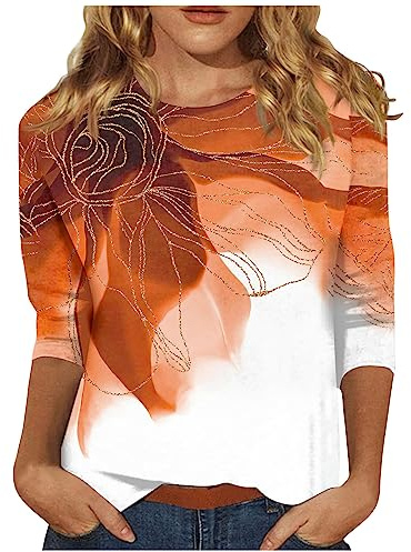 T-Shirts Damen 3/4 Arm Overzised Festliches Blusentop Stil Outdoor | Crewneck Bluse for Female Print Leichte Wanderbekleidung Festival Outfit