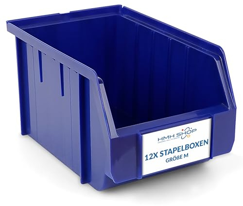 HMH Stapelboxen der Größe M 230x150x130mm für dein Kleinteilelager Sichtlagerkästen in 5 Farben Zubehör wie Deckel Trennsteg Etikett Wandschiene Sortierkisten (Blau, 12 Stück)