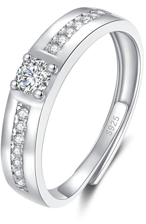 Kamise Men's Sterling Silver Engagement Ring with 5A CZ, Adjustable Open Anniversary Ring