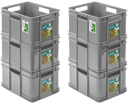 PAFEN 6x Euro Stapelbox 16l - 35 x 27 x 21 cm – Eco Aufbewahrungsbehälter Euro-box Stapelkasten Transport Eurobehälter aus PP, Stone Grey