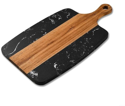 Dekoratives Schneidebrett aus Holz und Marmor für Küche, Marmor und Holz, Charcuterie-Brett, Käsebrett aus Holz mit Griff (schwarz), A280AK87L4FQS16KPYJ3K5QL2424
