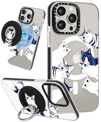 Lotadilo for iPhone 14 Pro Case for Women - Girls Kawaii Design Compatible with Magsafe Magnetic Ring Holder Stand White Cat Phone Covers Aesthetic Girly TPU Funda for 14 Pro