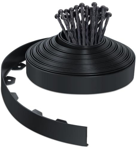 VOUNOT 20m Flexible Lawn Garden Edging Border, Plastic Grass Path Edging with 40 Reinforced Securing Pegs, Height 5cm, Black