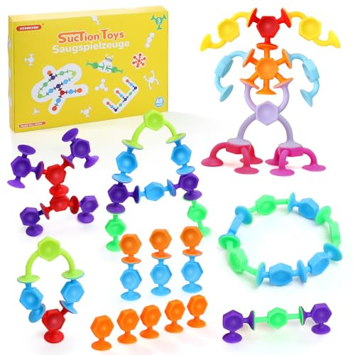 ECHOCUBE 48 Stück Saugnapf Spielzeug, Saugnapf Badespielzeug für Kinder ab 3 Jahre, Sensorisches Saugspielzeug, Stressabbau-Spielzeug, Reisespielzeug für Kinder und Erwachsene