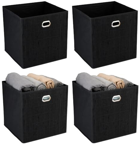 Murago 4er Set Faltbox mit Bambus Front & Grifföse ca. 31x31x31 cm - Schwarz - Natur skandinavischer Stil Einrichtung Würfel Box Badezimmer Körbe Kiste Organizer Klappbox Korb Aufbewahrungsbox