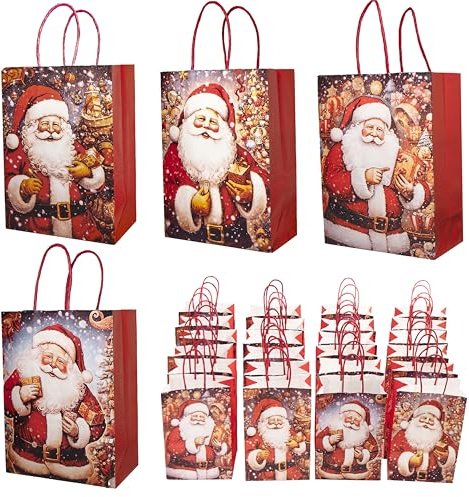 24 Stück Geschenktüten Weihnachten, Papiertüten Klein, Weihnachtstüten Papier mit Henkel, Weihnachten Papiertaschen,Weihnachtstüten für Kleinunternehmen Einkaufen Einzelhandel