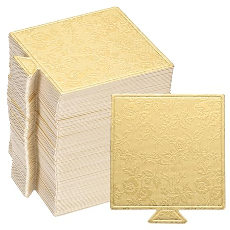 sourcing map 100pcs Mini Cake Boards, Mousse Cake Cardboards Square Cake Bases Plates Cupcake Dessert Displays Base Tray for Cupcakes, Cakes, Pastries, Dessert Base(Floral Gold)