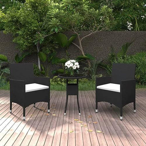 KATERYY 3-TLG. Bistro-Set Poly-Rattan und Hartglas Schwarz,Stilvolles GartenBistroSet aus Poly Rattan für entspannte Stunden