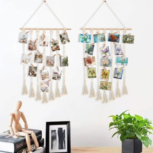Hiqiku Foto Hängendes Makramee 2PCS Wandbehang Fotowand Bilderrahmen Collage Fotovorhang Wandteppich Fotowand mit 60 Holzclips und 2 spurlosen Nägeln Boho Deko