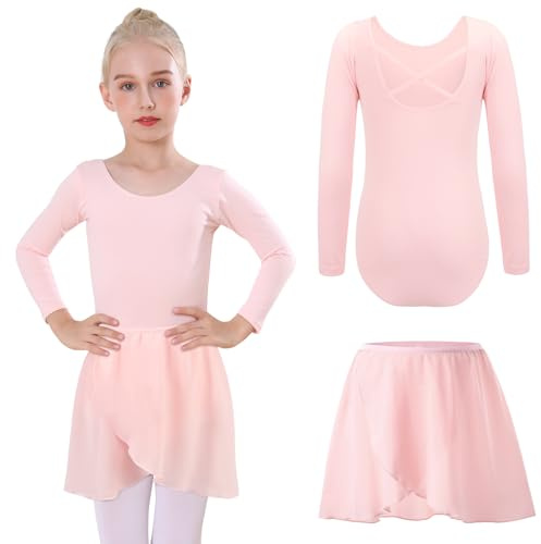 Bezioner baletttrikåer för flickor med avtagbar kjol balettklänning outfit långärmad dans trikåer ballerina kostym för flickor, Rosa, 100