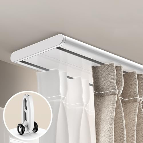 MZQMK Gardinenstange 3m, Vorhangschiene 2 Läufig, Vorhangschiene Deckenmontage, Mit Stummen Rollen, Für Schiebevorhänge, Gardinen Und Vorhänge(White,2.3m(7.5ft))