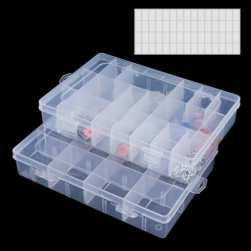 WEDAMOO 2 Pcs Bead Storage Box, Plastic Organiser Box with 24 Adjustable Compartments, Adjustable Plastic Assortment Box, Clear Small Parts Organiser for DIY Crafts, Jewelry, Beads (19.5x13x3.5 cm)