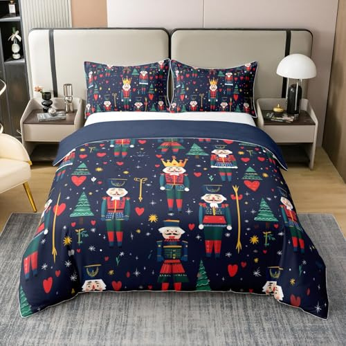 Homemissing Blue Nutcracker Duvet Cover 100% Cotton Royal Guarder Bedding Set Merry Christmas Christmas Tree Xmas Comforter Cover Set Single Size Heart Shape Bedspread Cover 2Pcs Zipper,No Comforter