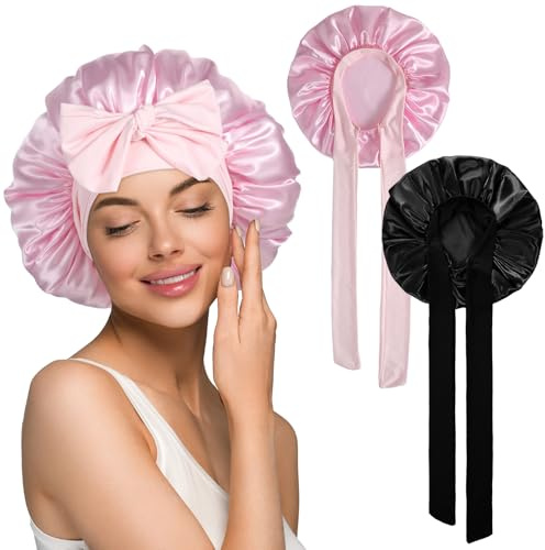 JIEYAO 2 Stück Satin Haarhaube für Damen, Doppelseitig Seidenhaube Zum Schlafen Locken Schlafhaube Haare Schützen für die Nacht Elastisch Weiche Satin Bonnet Verstellbare Bonnet Sleep Cap für Mädchen