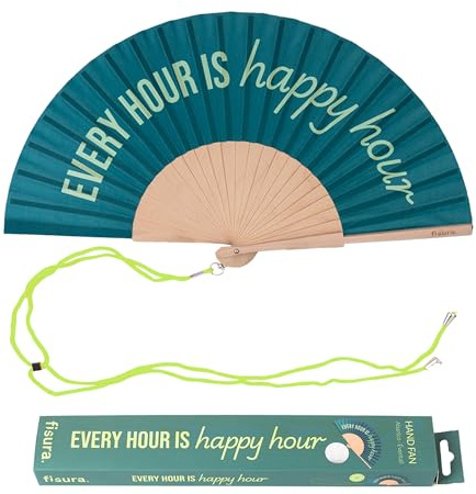 Fisura – Färgstark solfjäder med texten “happy Hour”, idealisk för varma kvällar. Träfläkt i grön nyans. Inkluderar praktisk rem. Mått: 42,5 x 23 cm