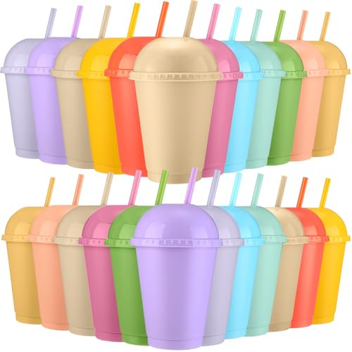 Hsei Paquete de 24 vasos de plástico con purpurina con tapas de cúpula, popotes, vaso reutilizable de 16 onzas, café helado a granel, botella de agua fría, taza de viaje para cumpleaños, suministros