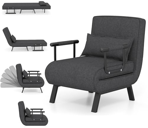 Multigot 4 in 1 Folding Sofa Bed, Convertible Sleeper Chair with Adjustable Backrest, Pillow and Metal Frame, Chaise Lounge Couch, Leisure Accent Chair for Apartment Bedroom Home Office (Dark Gray)