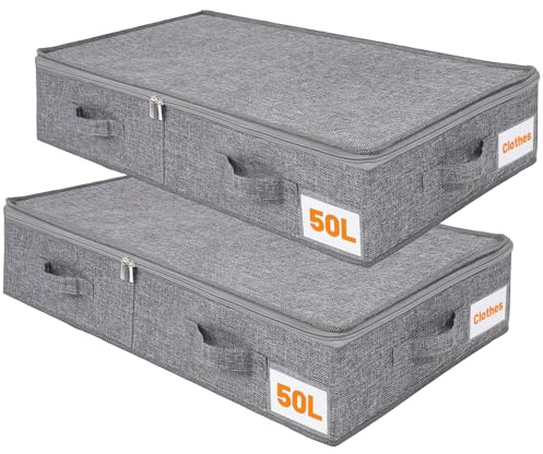Confezione da 2 scatole portaoggetti da 50 l con coperchio, pieghevoli, in lino, con pareti laterali robuste, cassetti sotto il letto con 4 maniglie per vestiti, coperte, scarpe