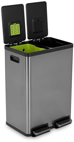 Simpli-Magic 16 Gallon (60L) Elegant Black Step Trash Can – Dual Compartment Kitchen Garbage Can with Waste & Recycling Bins – Slow-Close Lid, Odor Control, Hands-Free, Premium Stainless Steel