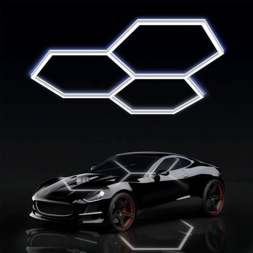 Brivulgent 3 luci a LED esagonali per garage – 192 W, 6500 K, luce diurna, lampada a nido d'ape deformabile per officina, garage, cantina, palestra, IP54, impermeabile, antiriflesso e senza sfarfallio