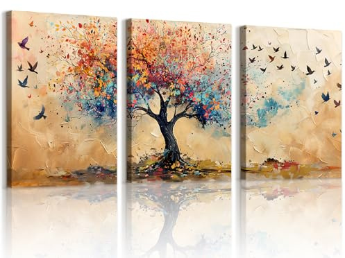 WENGTIAO 3 Pezzi Stampa su Tela Colorate Albero Della Vita Incorniciato, Quadro su Tela Astratto Albero e Uccelli in Volo Pittura Quadri Moderni Soggiorno Camera da Letto Decorazioni Parete 30x40cmx3