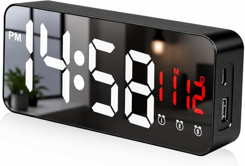 Despertador digital con espejo LED, luz blanca y azul reloj digital, alarma, repetición, 3 ajustes de alarma, batería de doble uso tipo C gran pantalla para decoración dormitorio casa oficina