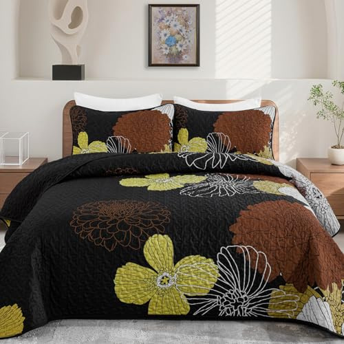 Anibedding Queen Quilt Set, Black Floral Bedspread Queen Size, Boho Farmhouse Flower Coverlet Set with 2 Shams, 3 Pieces Soft Microfiber Lightweight Bedding Quilts Set for All Season 96x90