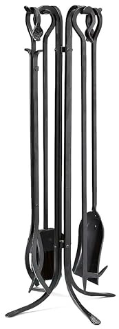 Plow & Hearth Ensemble de 5 outils de cheminée en fer forgé à la main avec tisonnier, pince, pelle, balai et support 17,8 cm de diamètre x 27,5 cm de hauteur Noir