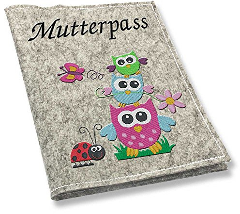 Mutterpass Mutterpasshülle Filz Eulestapel bestickt Farbwahl schwarz weiß grau rot blau lila pink Handarbeit (grau)