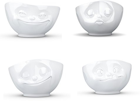 Fiftyeight Products TV Tassen Schalen 4er Set je 500ml : GRINSEND, KÜSSEND, LECKER, GLÜCKLICH