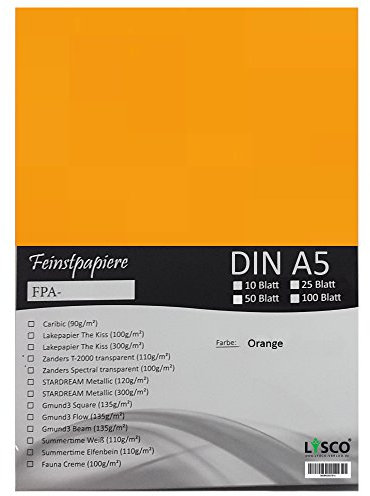 GMUND Transparentpapier DIN A5 Farbe Orange / LYSCO® Feinstpapierset mit 50 Blatt Inhalt (FPA-121) - bedruckbar, sehr gute Qualität, für Einladungen, als Einlegeblätter für Alben, Fotoalben, Fensterbilder, Bastelarbeiten uvm.