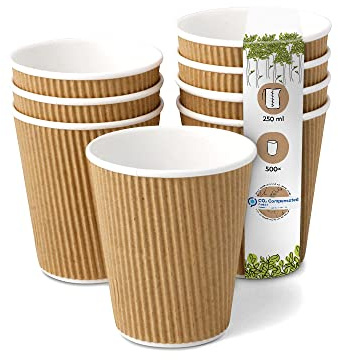 BIOZOYG 500 Stück Kaffeebecher isolierte Pappbecher 250ml / 10 oz Ø 90 mm weiß/braun - geriffelt plastikfrei nachhaltige Materialien - Einwegbecher Glühweinbecher