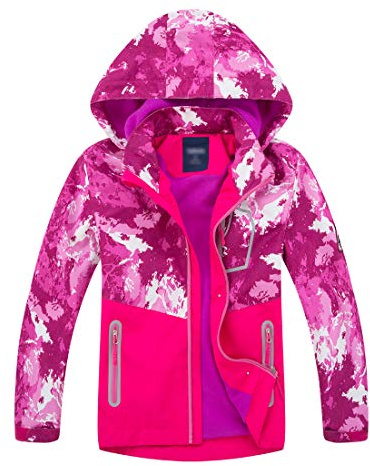 LAUSONS Boys Waterproof Jacket Kids Coat Camo Girls Lightweight Windbreaker Outdoor Fleece Raincoat with Hood Red Pink Lable Size 150/10-11 Years