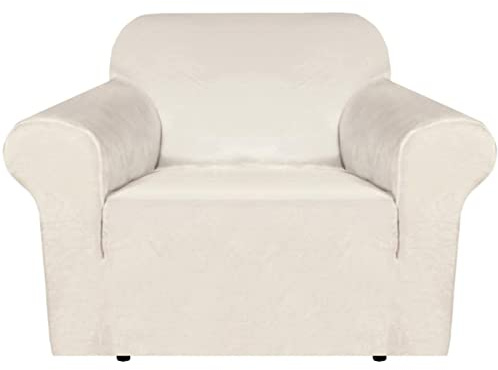 BellaHills Real Velvet Stretch Sofa Covers Couch Covers Sofa Slipcovers Furniture Protector for Sofas | Form Fitted with Elastic Bottom, Ultra Thick Soft Non Slip Covers (1 Seater, Ivory)