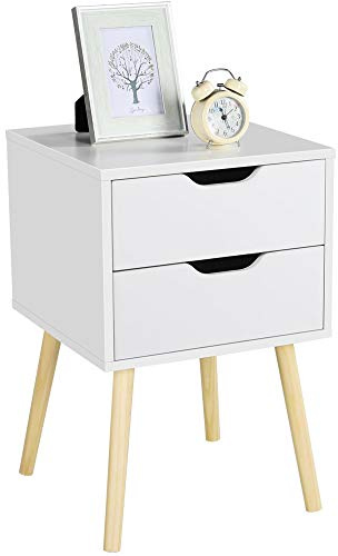 Yaheetech Mesita de Noche con 2 Cajones Grandes 40x40x61cm Mesilla de Noche Vintage Mesa Auxiliar con Patas de Madera Pino para Dormitorio Blanca