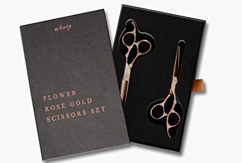 E-Kwip Flower Friseurscheren Set - 5,5 Zoll Schneide- & Modellierschere aus Japanstahl - titanbeschichtet in rose-gold