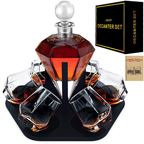 6-Glass Diamond Whiskey Decanter Set with Glasses,Whiskey Decanter Sets for Men,Decanters for Alcohol Whisky Decanter & Glass Set,Whiskey Set Tequila Liquor Bourbon Decanter Gift
