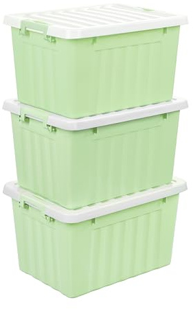 Cetomo 15L*3 Storage Boxes with Lids, Plastic Storage Box with Secure Side Latches, Stackable & Nestable Organizer for Home, Office, Moving, PP, Green, 15L-3 Pack