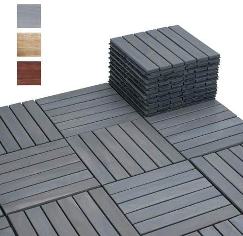 BEEFURNI 10PCS Interlocking Deck Tiles 12 x 12, Acacia Wood Deck Tiles Interlocking Outdoor All Weather, Indoor Outdoor Flooring Mats for Balcony Decor, Patio, Backyard (Light Gray)