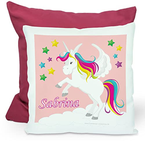 CreaDesign, Kinder Kissen 40x40 cm personalisiert mit Namen, Kinderzimmer Deko Kissen Kinder mit Füllung Federn, Motiv Einhorn rosa, Rückenfarbe Lila