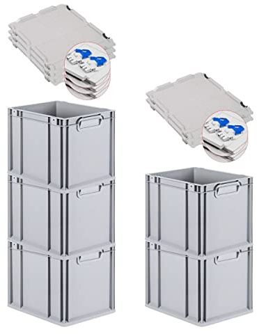 PROREGAL SuperSparSet 5x Eurobox NextGen Grip mit Scharnierdeckel und blauen Schiebeschnappverschlüssen, HxBxT 32x30x40cm, 30 L, Grau, Griffe geschlossen, Eurobehälter, Transportbox